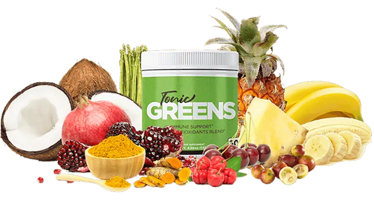 TonicGreens daily greens supplement canister with a scoop of powder